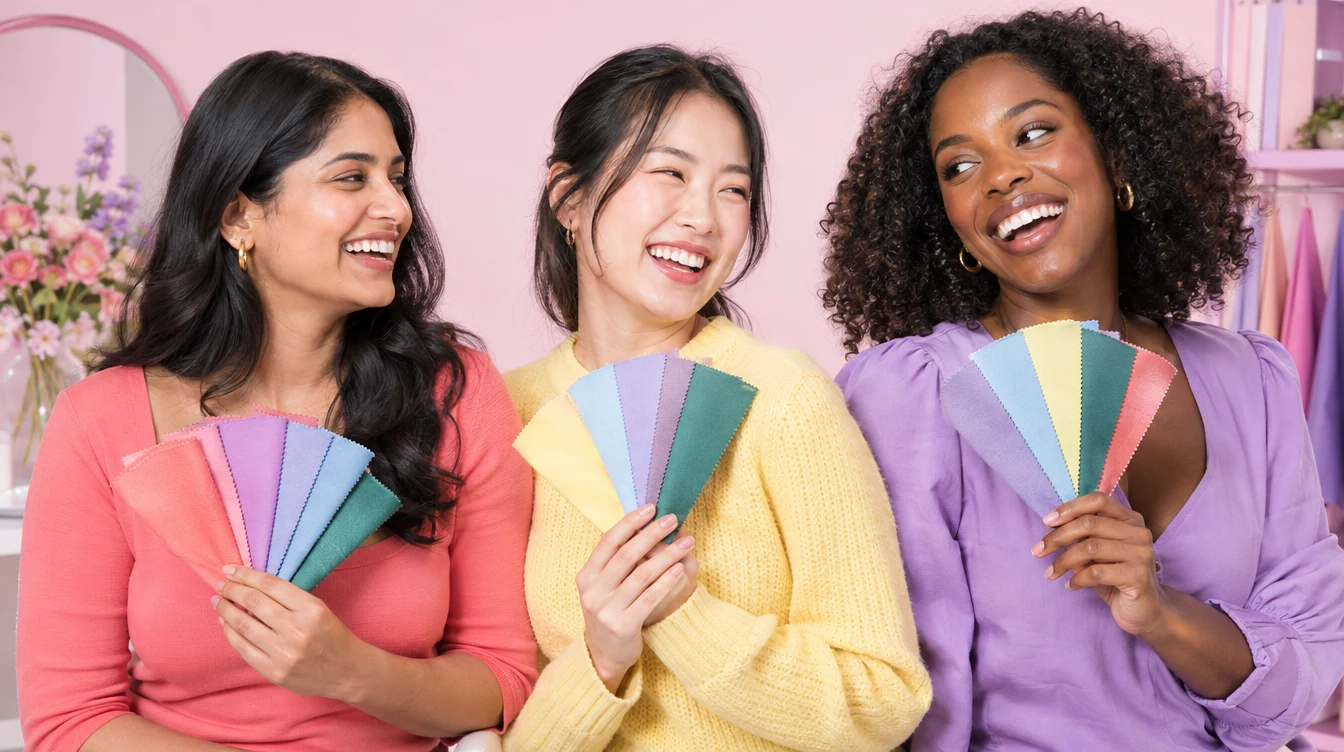Three friends enjoying colourful fabric palettes in a bright beauty studio