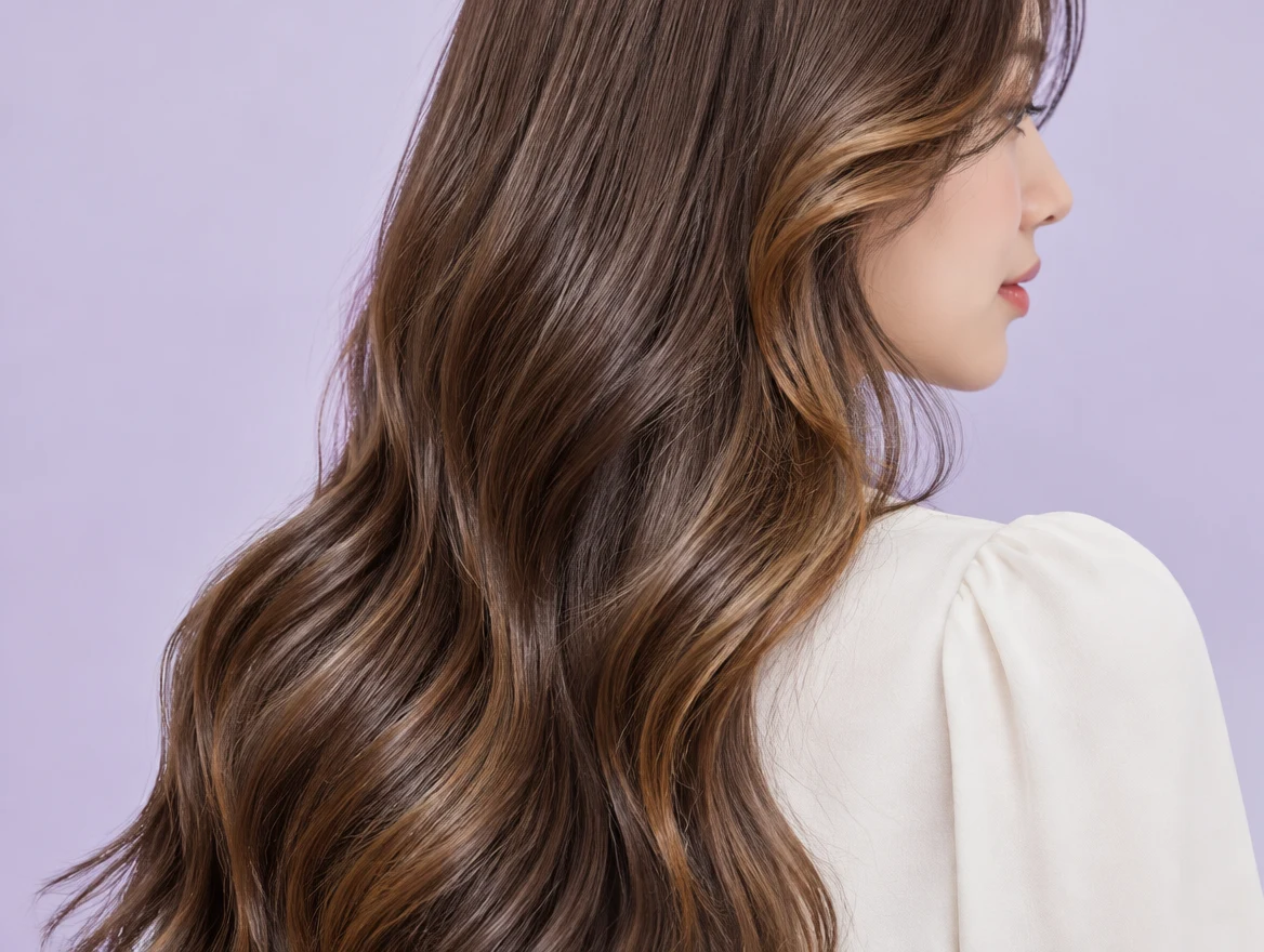 Warm chestnut hair with soft caramel highlights