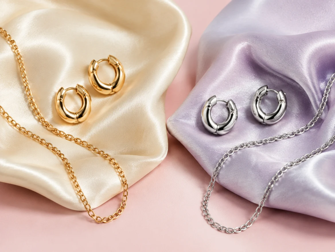 Gold and silver jewellery arranged on warm cream and cool lilac fabrics