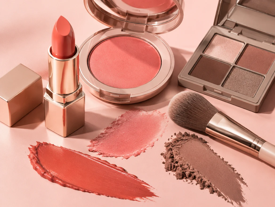 Coral lipstick, rose blush and eyeshadow photographed with colour swatches