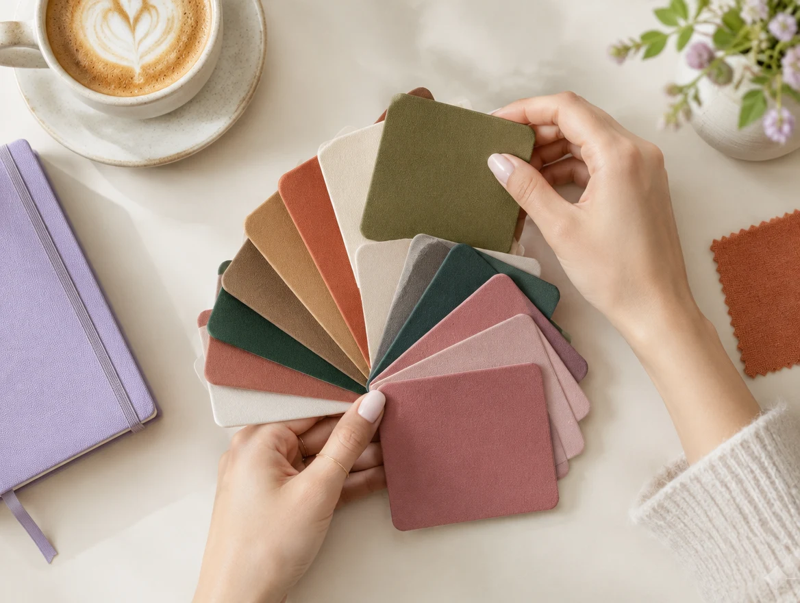 Hands arranging a personal colour palette of warm earthy cards