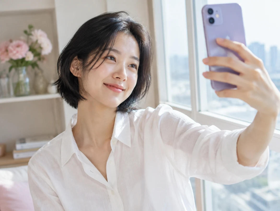 Woman taking a natural-light selfie beside a window