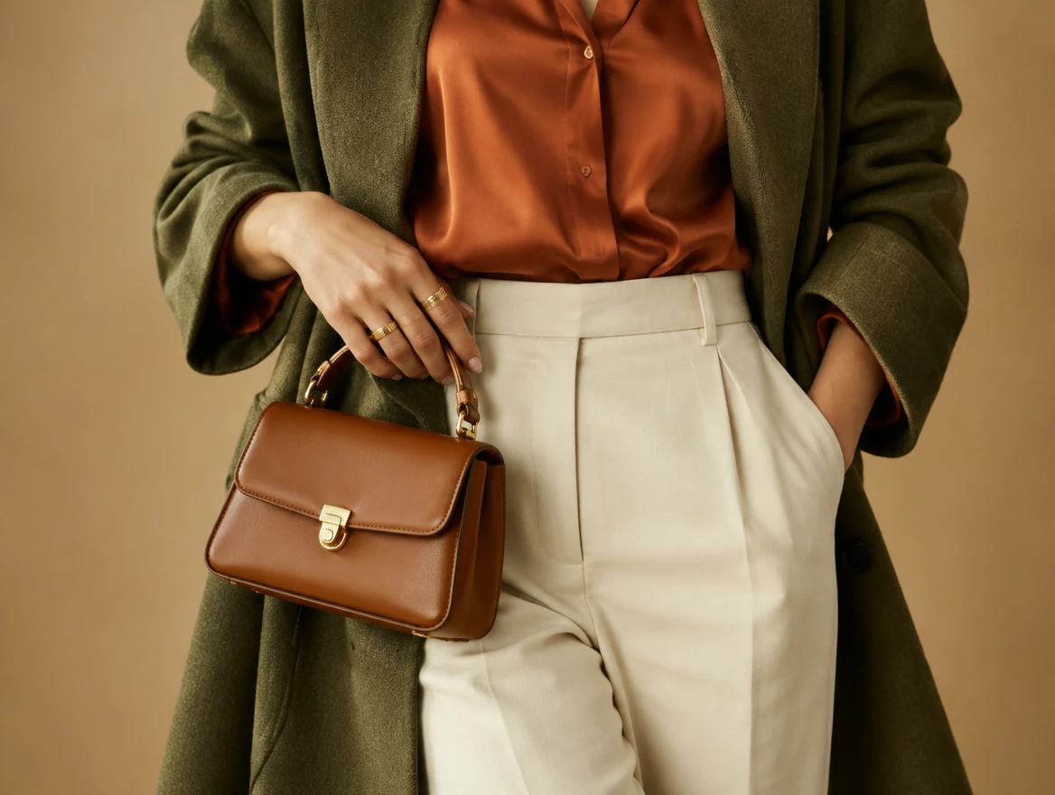 Terracotta, olive and cream styled together in a coordinated outfit